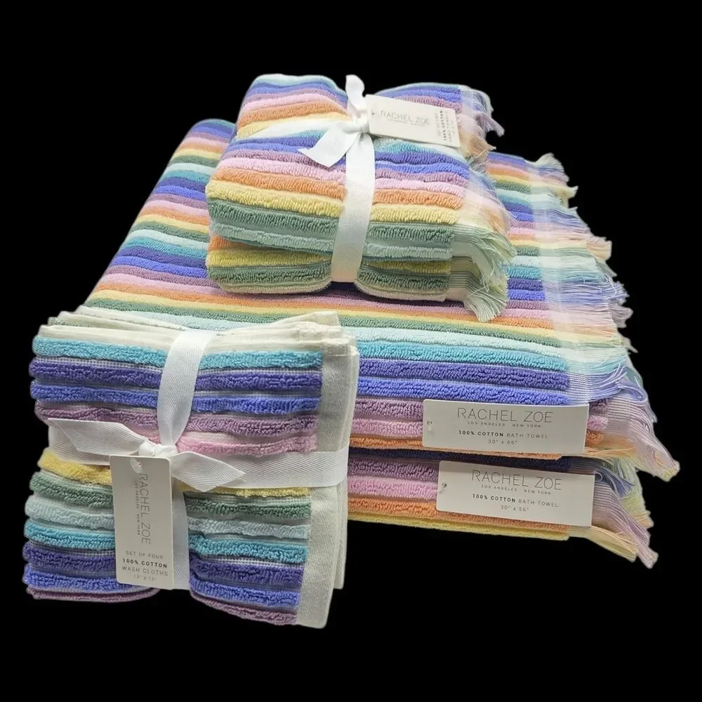 Rachel Zoe 8pc Rainbow Striped Fringe Cotton Towel Set 2 Bath 4Wash 2Hand Multi